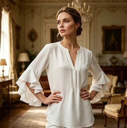 Ruffle Sleeve Split Neck Blouse