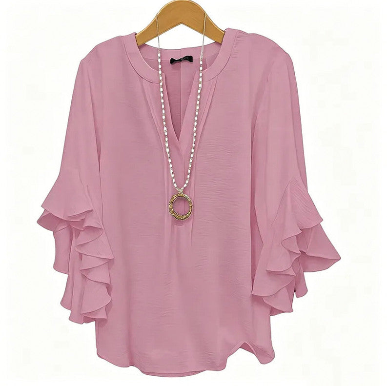 Ruffle Sleeve Split Neck Blouse