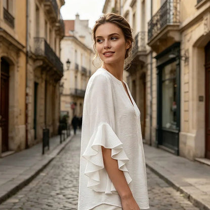 Ruffle Sleeve Split Neck Blouse