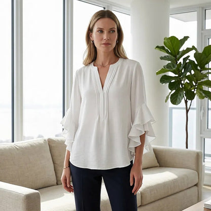 Ruffle Sleeve Split Neck Blouse