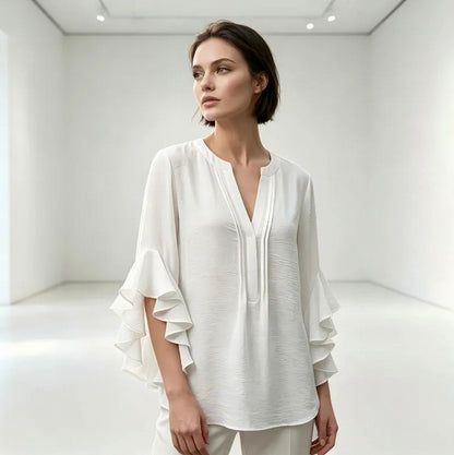 Ruffle Sleeve Split Neck Blouse
