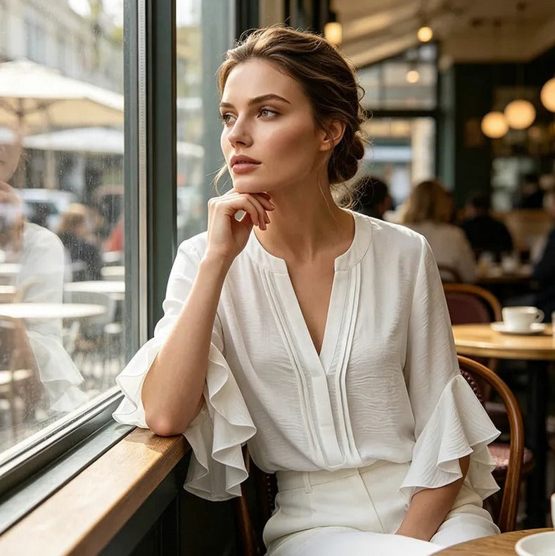 Ruffle Sleeve Split Neck Blouse