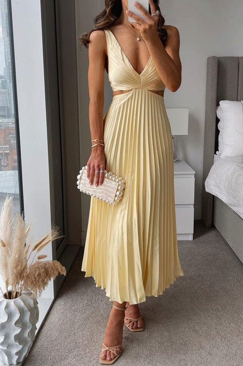 Satin Cutout Pleated Midi Dress