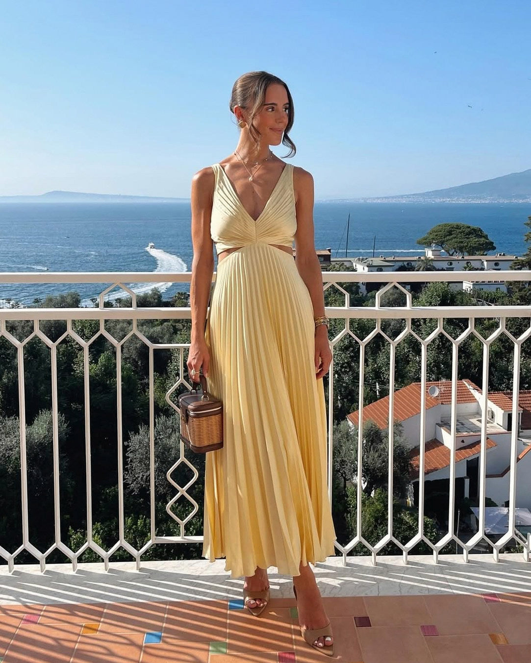Satin Cutout Pleated Midi Dress