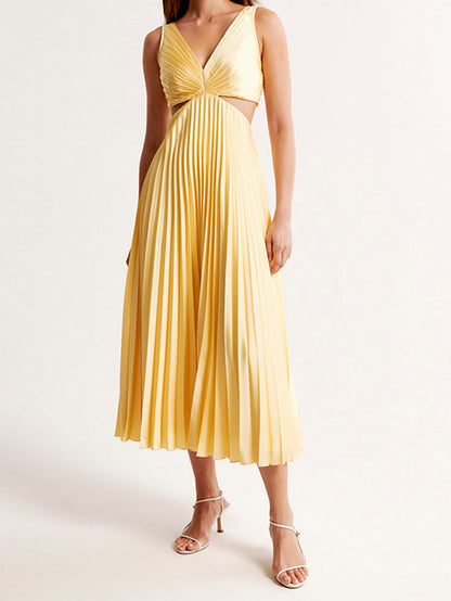 Satin Cutout Pleated Midi Dress