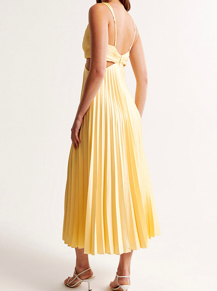 Satin Cutout Pleated Midi Dress