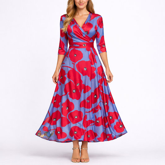 Red & Blue - Woman wearing a long satin floral maxi dress with 3/4 sleeves, a V-neckline, and a sweeping A-line skirt.