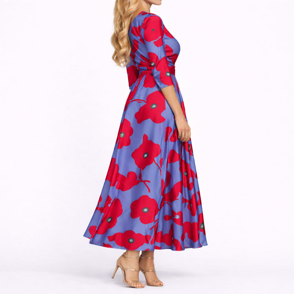 Red & Blue - Woman wearing a long satin floral maxi dress with 3/4 sleeves, a V-neckline, and a sweeping A-line skirt.