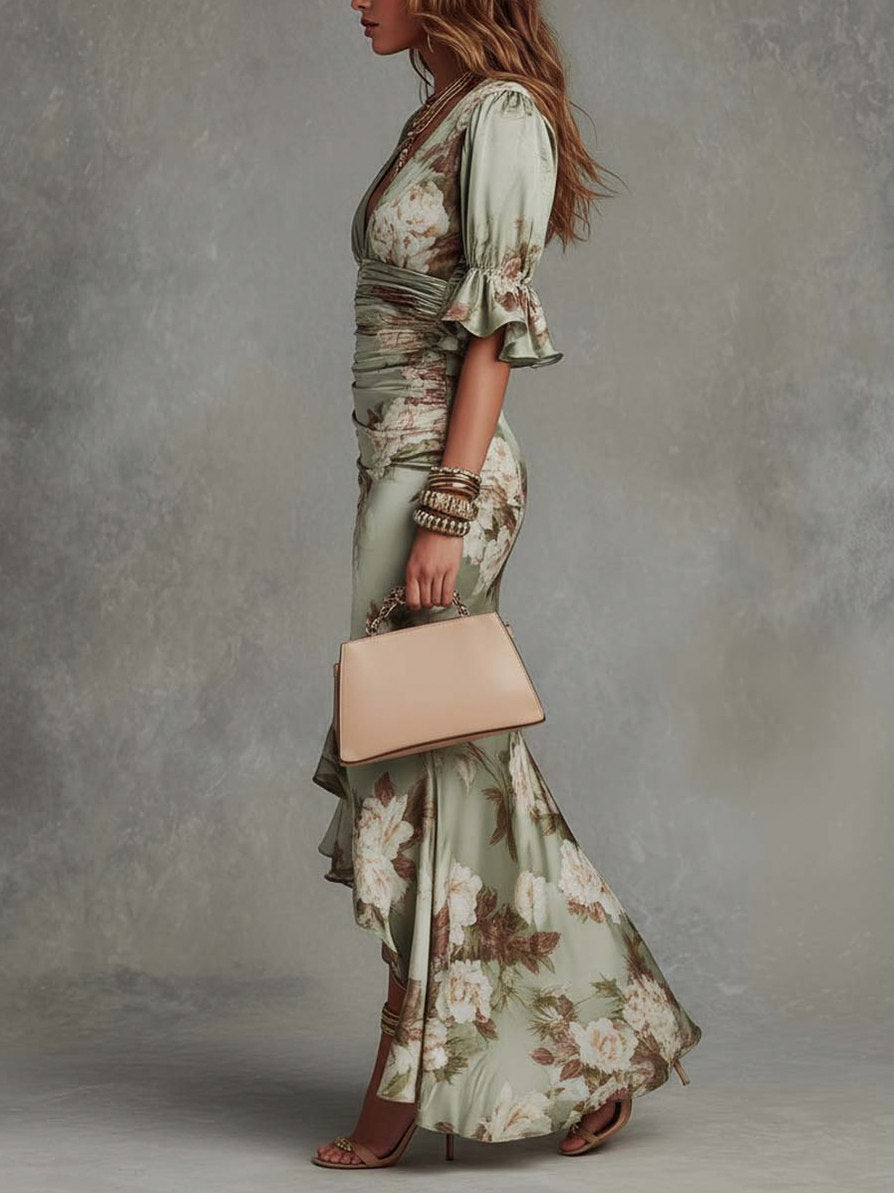 Satin Floral Slit Maxi Dress