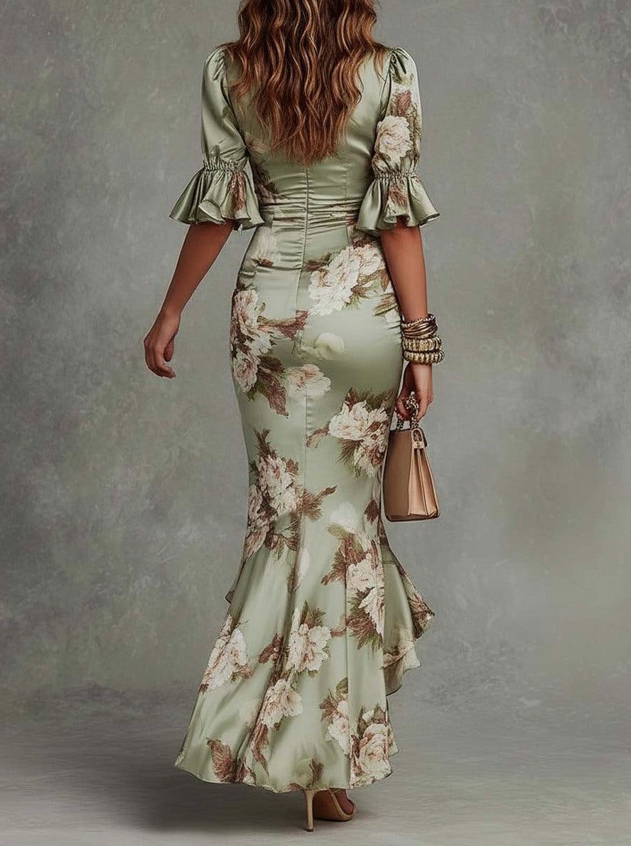 Satin Floral Slit Maxi Dress