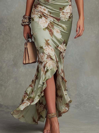 Satin Floral Slit Maxi Dress