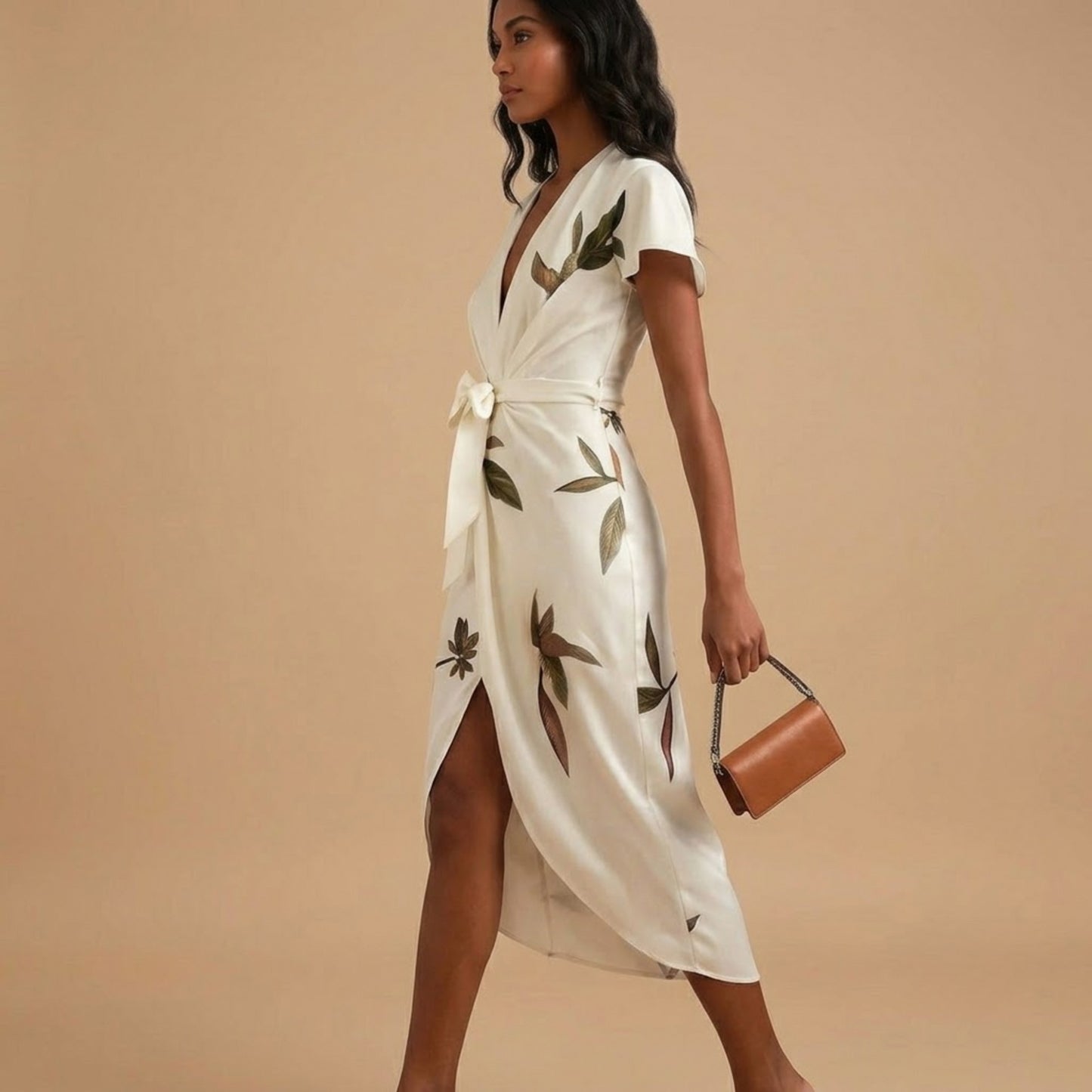 Satin Floral Tie Waist Midi Dress
