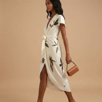 Satin Floral Tie Waist Midi Dress