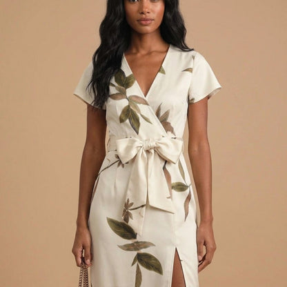 Satin Floral Tie Waist Midi Dress