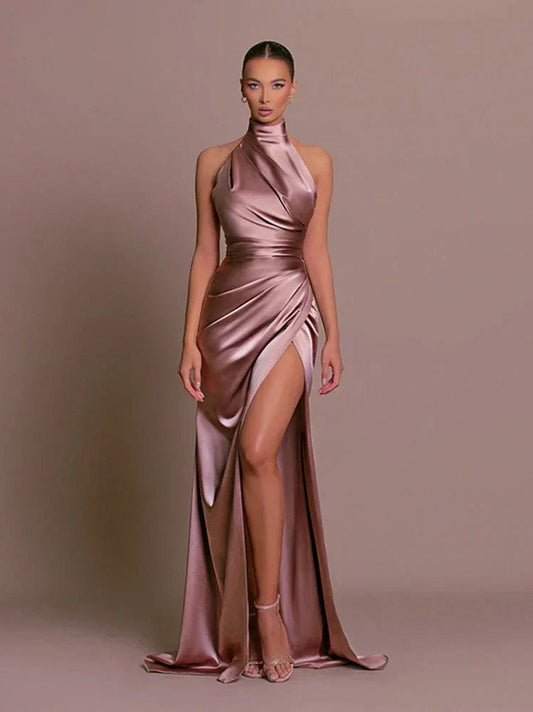 Satin Halter Draped Maxi Dress
