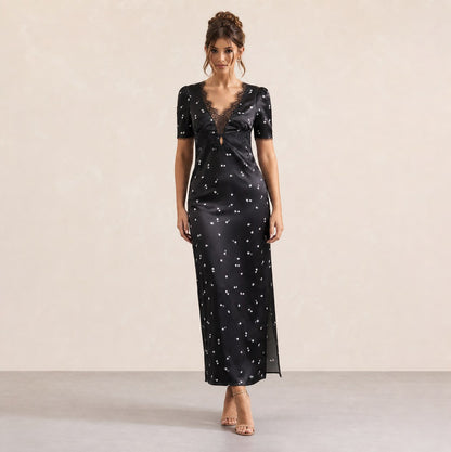 Satin Lace Trim Maxi Dress