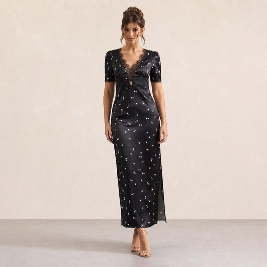 Satin Lace Trim Maxi Dress