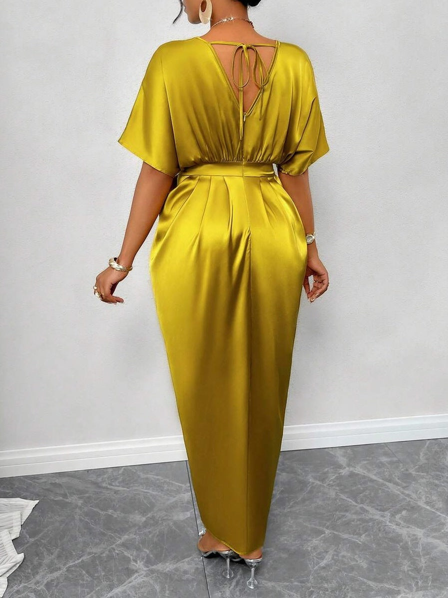 Satin Short Sleeve Pleated Slit Maxi Dress