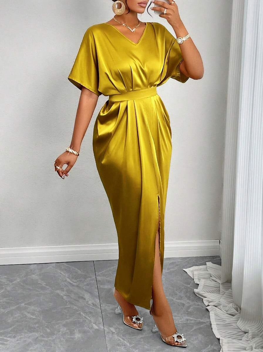 Satin Short Sleeve Pleated Slit Maxi Dress
