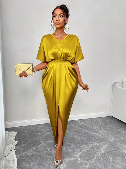 Satin Short Sleeve Pleated Slit Maxi Dress