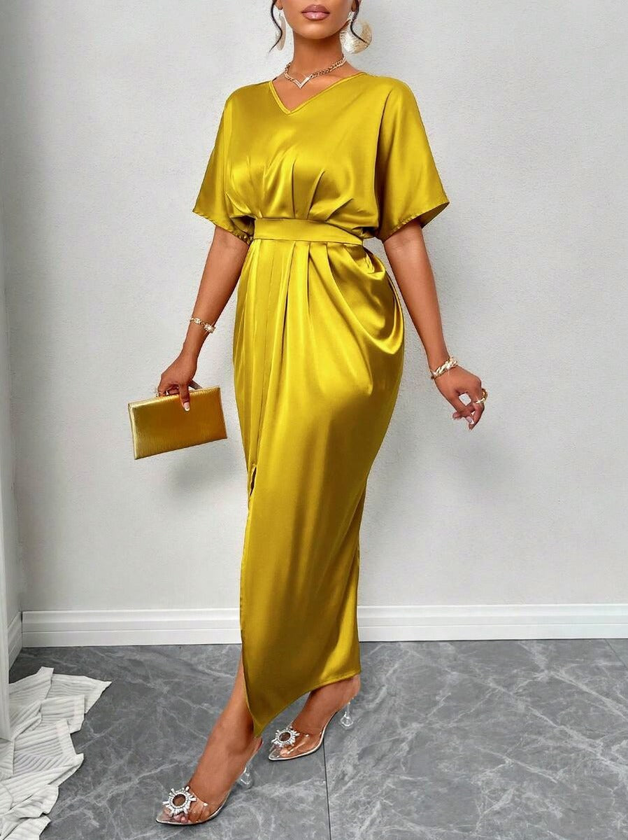 Satin Short Sleeve Pleated Slit Maxi Dress