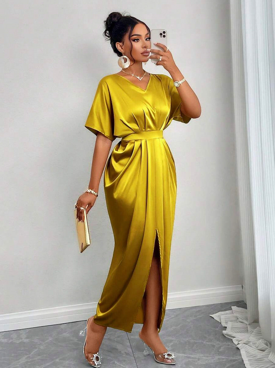 Satin Short Sleeve Pleated Slit Maxi Dress
