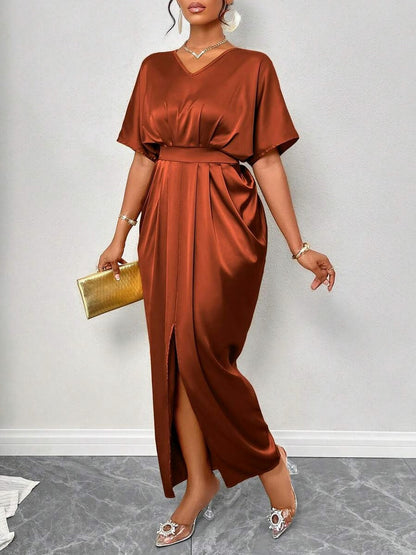 Satin Short Sleeve Pleated Slit Maxi Dress