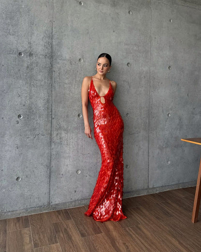 Sequin Cutout Fitted Maxi Dress