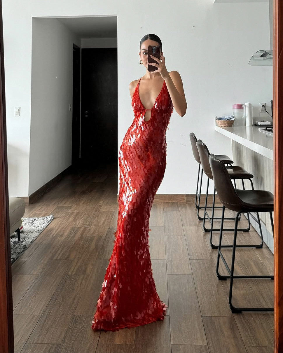 Sequin Cutout Fitted Maxi Dress
