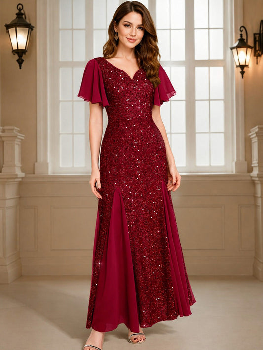 Sequin Flutter Sleeve Maxi Dress