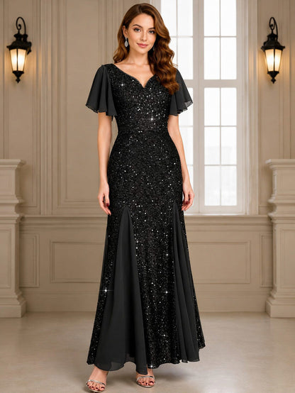 Sequin Flutter Sleeve Maxi Dress