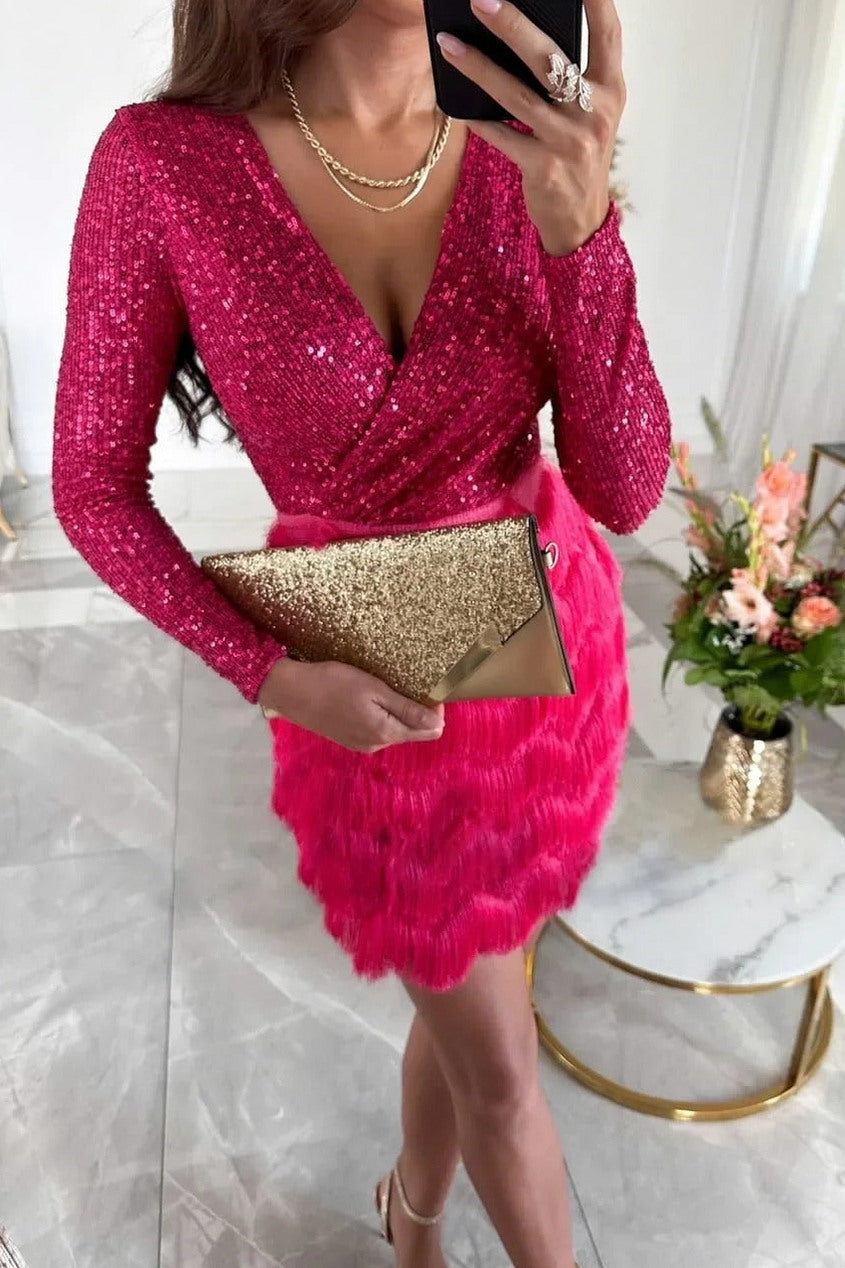 Sequin Long Sleeve Fringe Wrap Mini Dress