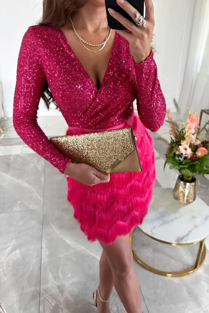 Sequin Long Sleeve Fringe Wrap Mini Dress