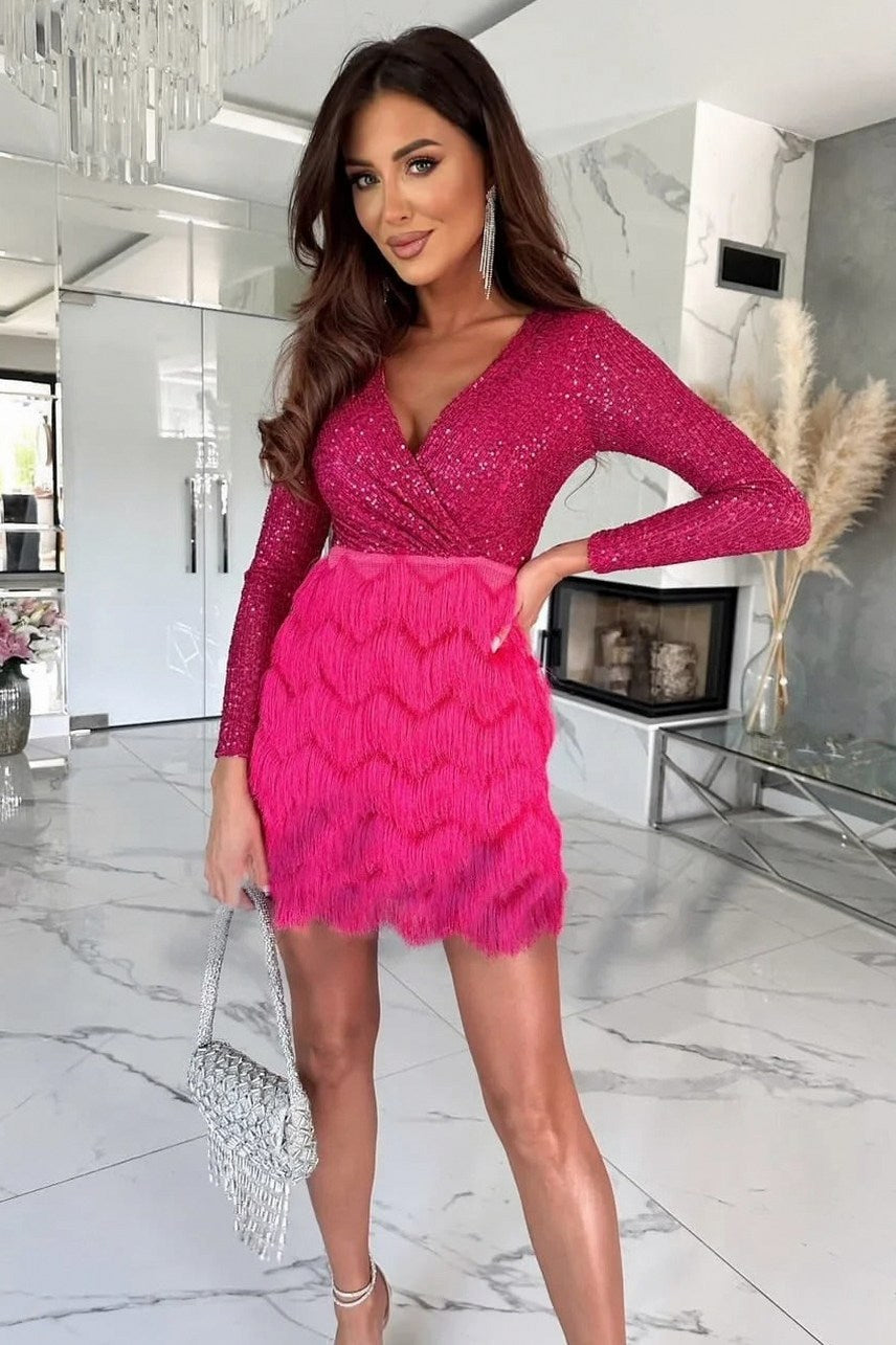 Sequin Long Sleeve Fringe Wrap Mini Dress