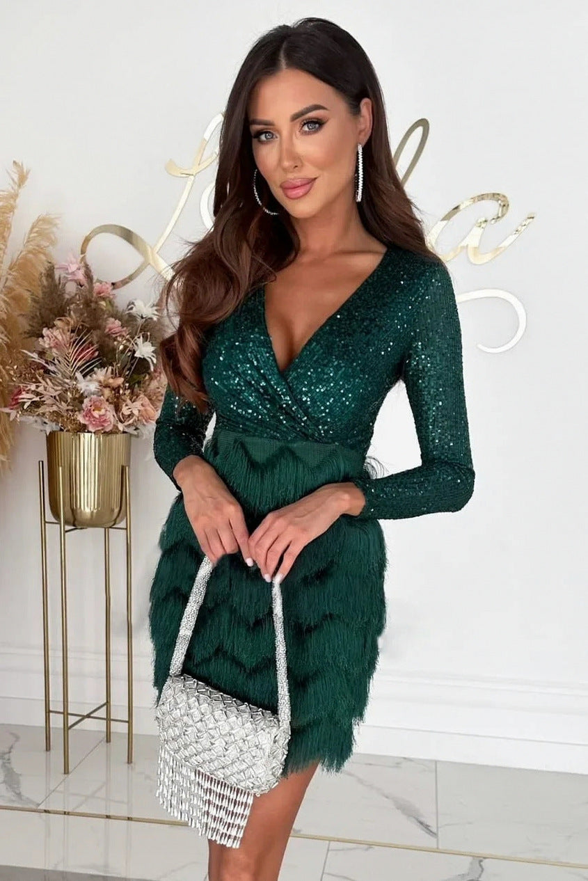 Sequin Long Sleeve Fringe Wrap Mini Dress