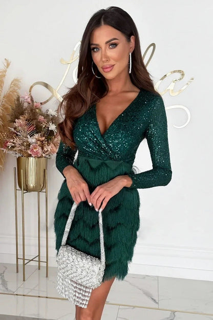Sequin Long Sleeve Fringe Wrap Mini Dress