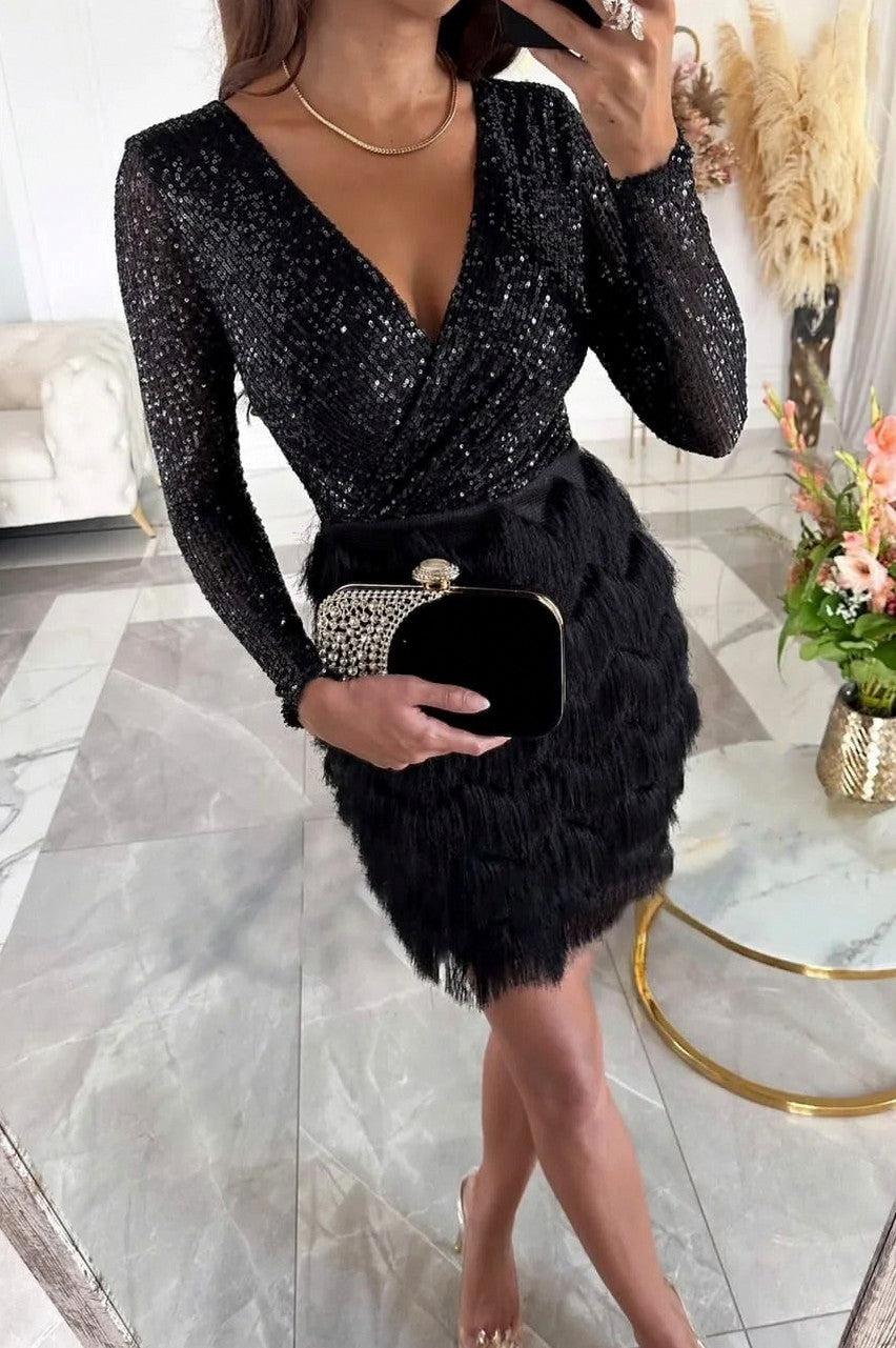 Sequin Long Sleeve Fringe Wrap Mini Dress