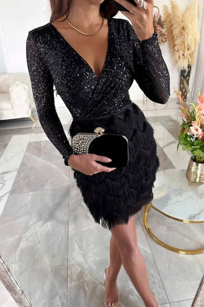 Sequin Long Sleeve Fringe Wrap Mini Dress