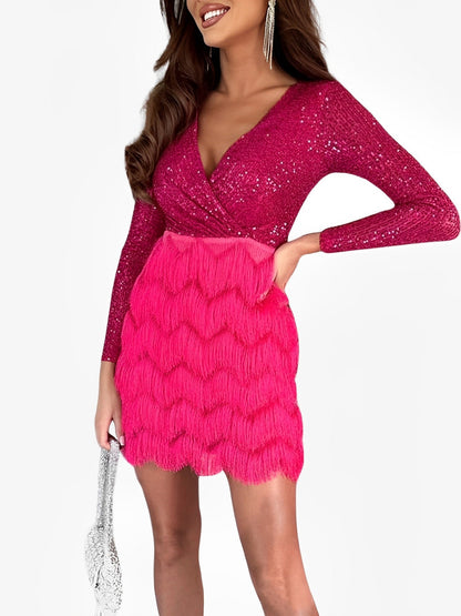 Sequin Long Sleeve Fringe Mini Dress
