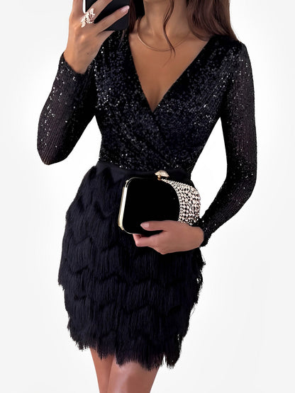 Sequin Long Sleeve Fringe Mini Dress