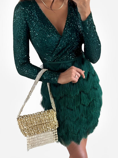 Sequin Long Sleeve Fringe Mini Dress