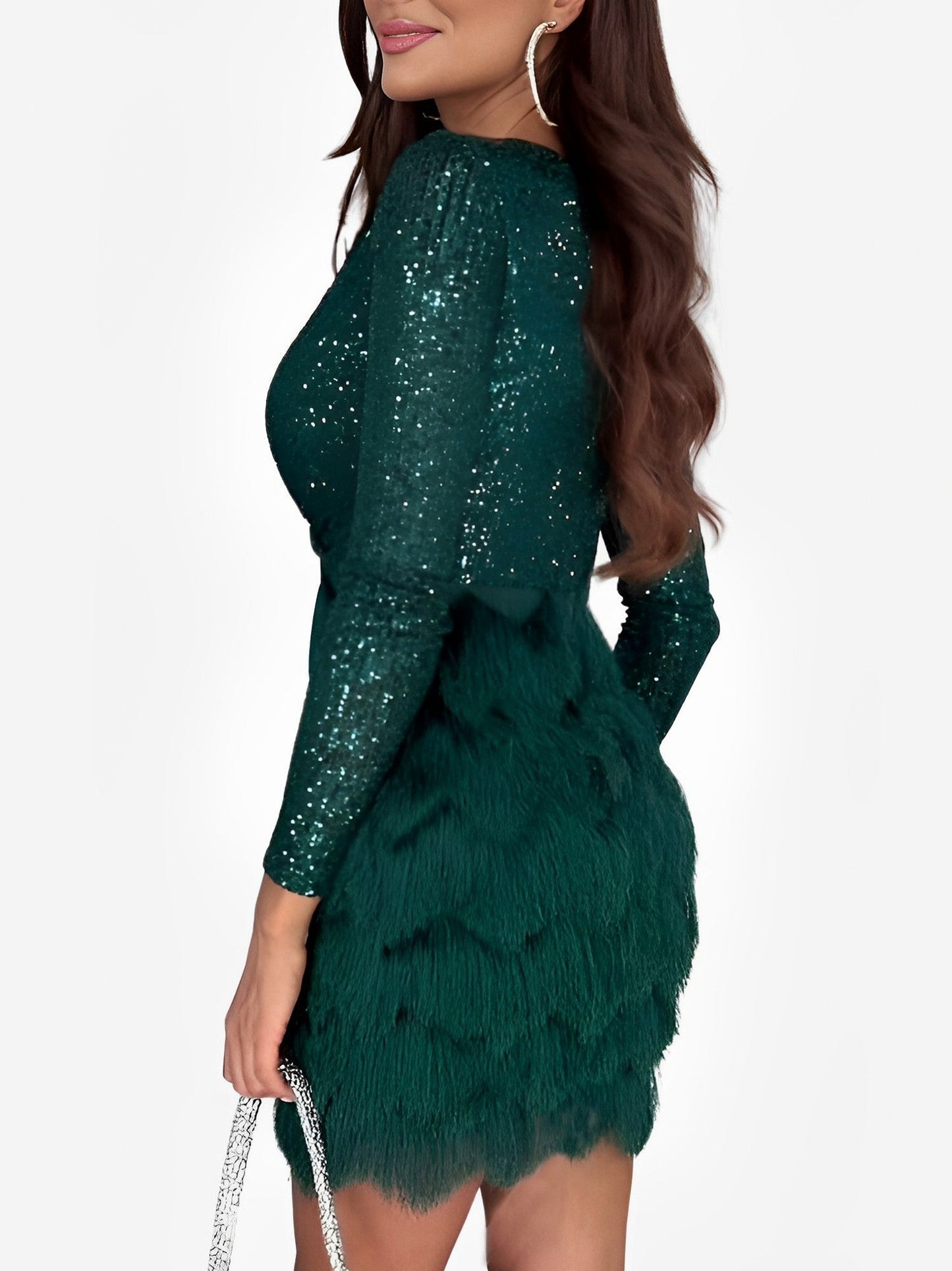 Sequin Long Sleeve Fringe Mini Dress