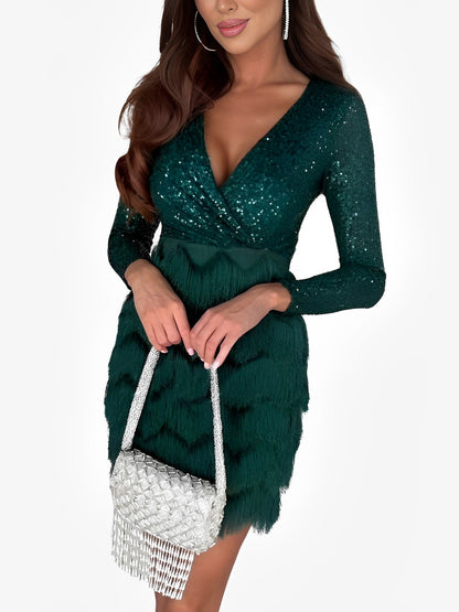 Sequin Long Sleeve Fringe Mini Dress