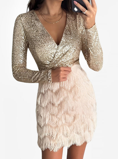 Sequin Long Sleeve Fringe Mini Dress