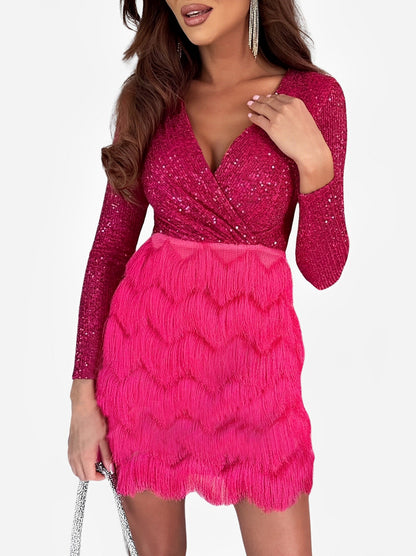Sequin Long Sleeve Fringe Mini Dress
