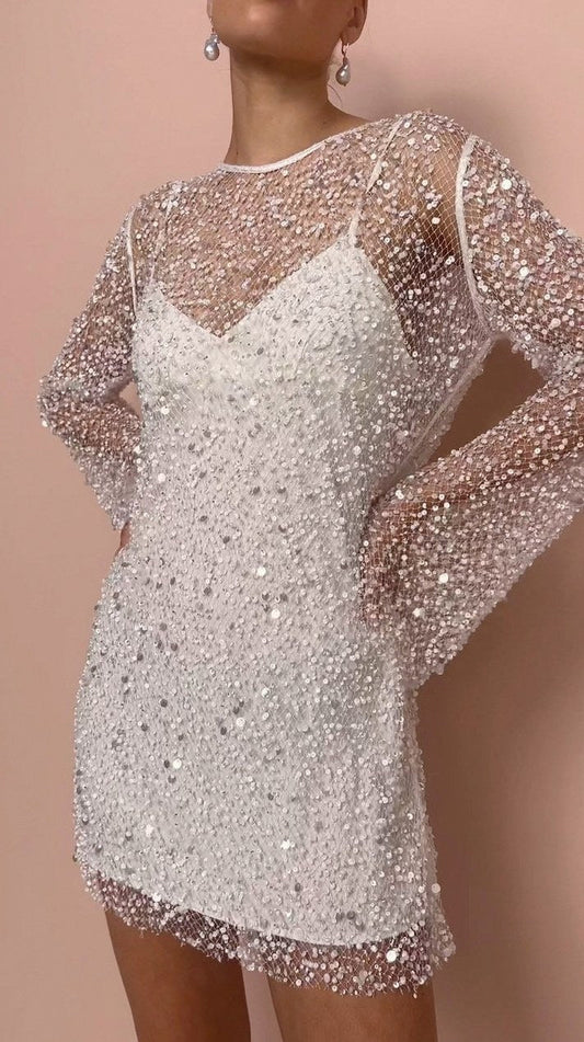 Sequin Mesh Long Bell Sleeve Mini Dress