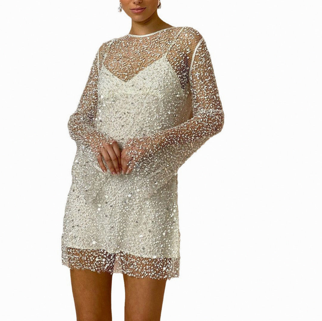 Sequin Mesh Long Bell Sleeve Mini Dress