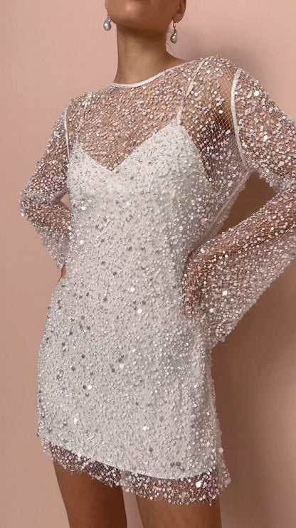 Sequin Mesh Long Bell Sleeve Mini Dress