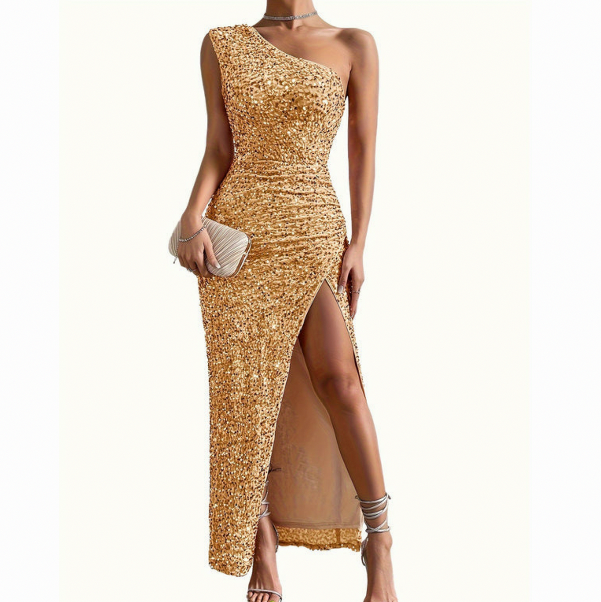 Sequin One Shoulder Ruched Maxi Dress