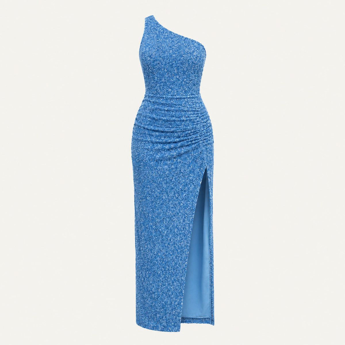 Sequin One Shoulder Ruched Maxi Dress